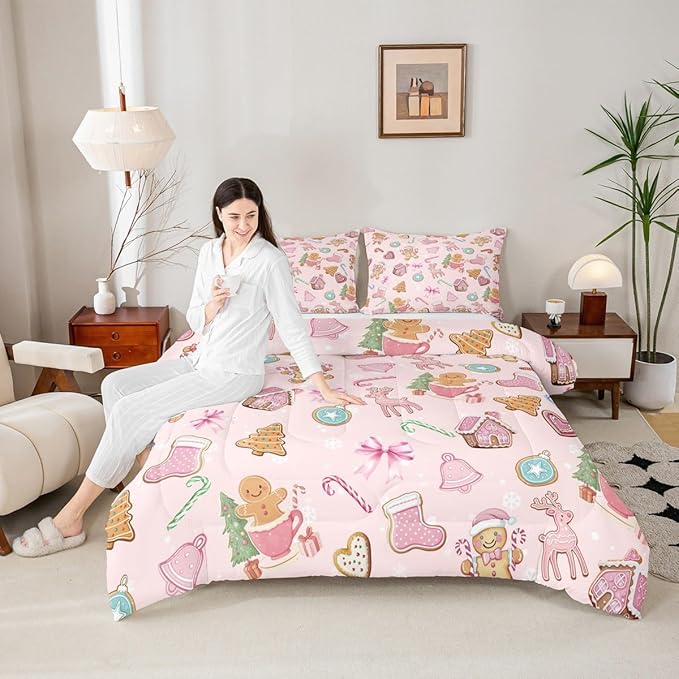 Merry Christmas Kid Comforter Set Full Size,Gingerbread Man Elk Deer Bowknot Bedding Set,Room Decor,Cute Girly Bow Tie Xmas Tree Quilt Comforter,Pink Colorful Duvet Set Bedroom Quilt Set,2 Pillowcases