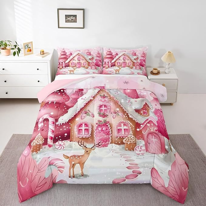jejeloiu Kids Christmas Theme Comforter Set Twin Size Pink Xmas Candy Cane House Bedding Set for Boys Girls Teens Cute Cartoon Deer Winter Animal Happy New Year Duvet Quilt Room Decor