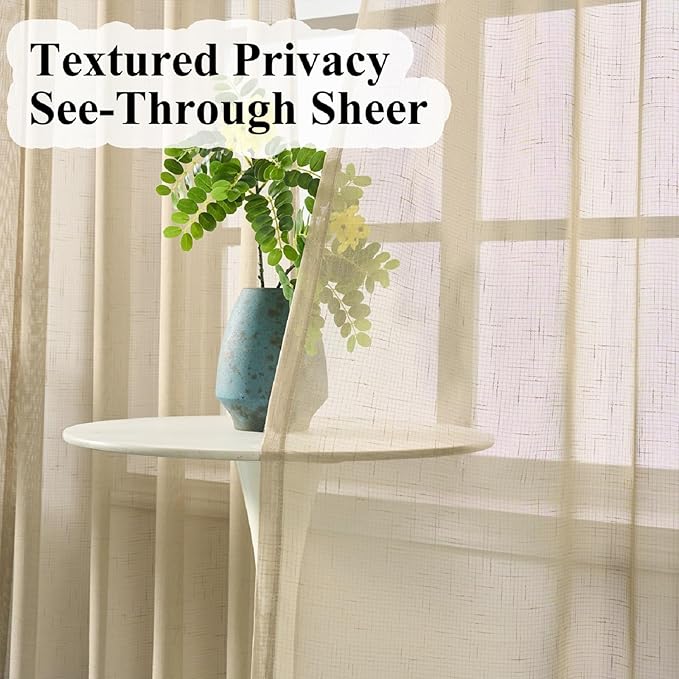 Taupe Sheer Curtains 102 Inch Long, Neutral Linen Look Textured Light Filtering Drapes, Tan Beige Transparent Window Decor, Rustic Floor to Ceiling Pinch Pleat Curtain with Hooks
