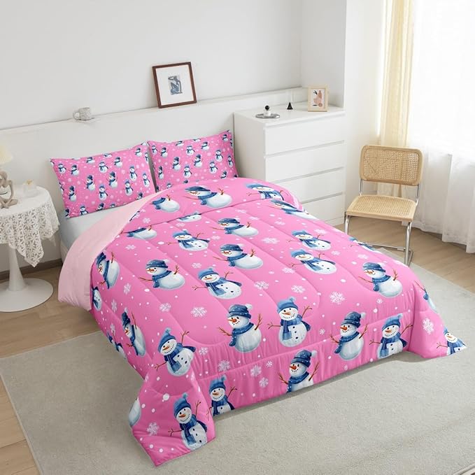 jejeloiu Kids Cute Winter Snowman Comforter Set King Size Pink Christmas Theme Bedding Set for Boys Girls Teens Xmas Snowflake Happy New Year Duvet Quilt Room Decor