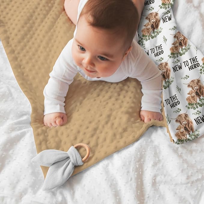 Highland Cow Baby Blankets for Boys Girls 30 x 40, Eucalyptus leaf Soft Double Layer Minky Blanket with Dotted Fleece Back, Nursery Bed Receiving Quilt for Newborn Infant Toddler Shower Gift