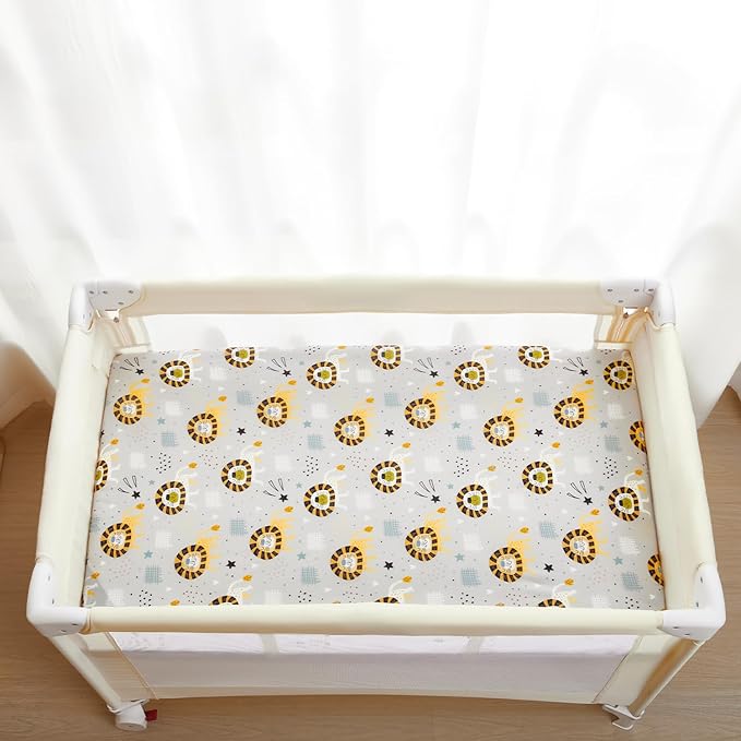 TILLYOU Mini Crib Fitted Sheets - Soft Knit Sheet for Pack N Play, Microfiber Mini Crib Sheets, Playpen Bedding Sheet for Baby 2 Pack, Machine Washable, 38'' x 24'', Lion's Paradise and Grey