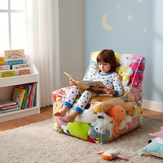 Clear Stuffed Animal Storage Bean Bag Chair Cover - Extra Large 150L, Waterproof & Easy-Clean Toy Organizer with Plastic Window,forNursery, Bedroom, Playroom (Cover Only, No Filler) (B1pcs)