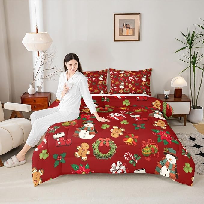 jejeloiu Merry Christmas Comforter Set Queen Size Cute Snowman Bedding Set for Kids Boys Girls Gingerbread Man Duvet Quilt Red Bedroom Decor