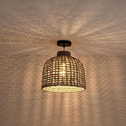 13.8inch Rattan Pendant Lighting, Brown Hand-Woven Dome Pendant Light Adjustable Boho Hanging Lamp Wicker Chandelier for Dining Room Kitchen Island Foyer Restaurant Bedroom Hallway