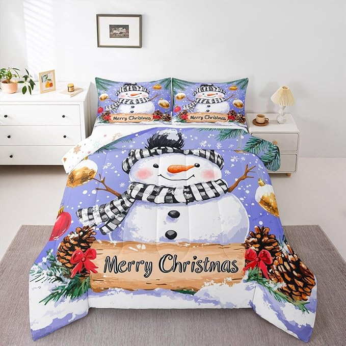 Feelyou Merry Christmas Comforter Set All Season Cute Snowman Bedding Set with 2 Pillow Cases Snowflake Microfiber Kids King Bedclothes Winter Bedroom Decor Duvet Quilt Breathable Soft Lightweight