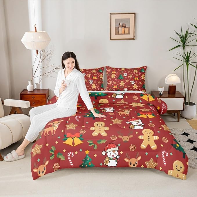 Feelyou Merry Christmas Comforter Set Full Size Gingerbread Man Bedding Set for Kids Boys Girls Cute Deer Duvet Quilt Christmas Tree Microfiber 3 Pcs with 2 Pillow Cases