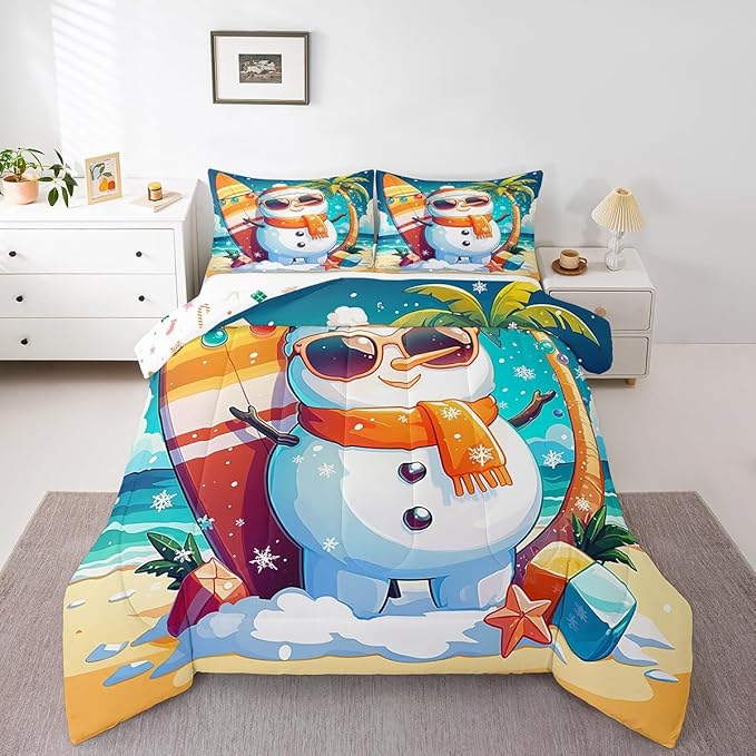 Manfei Cute Snowman Comforter Set King Size, Christmas Theme Bedding Set for Kids Boys Girls, Beach Surfboard Palm Tree Down Comforter for All Season, Lightweight Duvet Insert, 2 Pillowcases