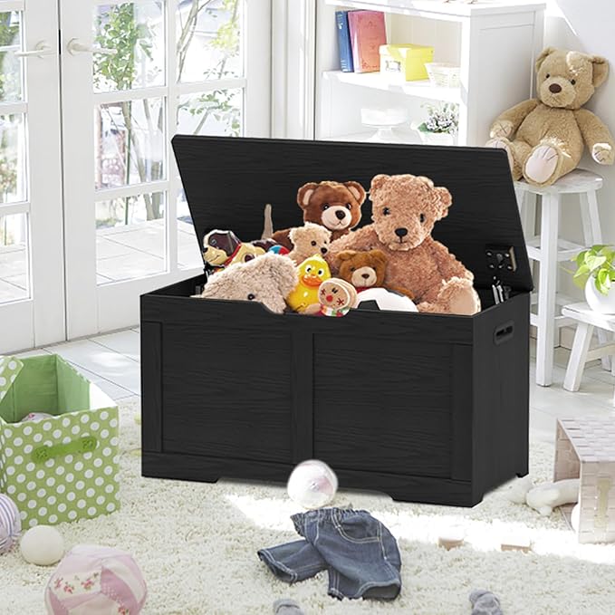 31.5" Storage Chest, Wooden Storage Bench, Lift Top Toy Chest with 2 Safety Hinges, Large Toy Box, Entryway Shoes Bench for Living Room, Bedroom, Black