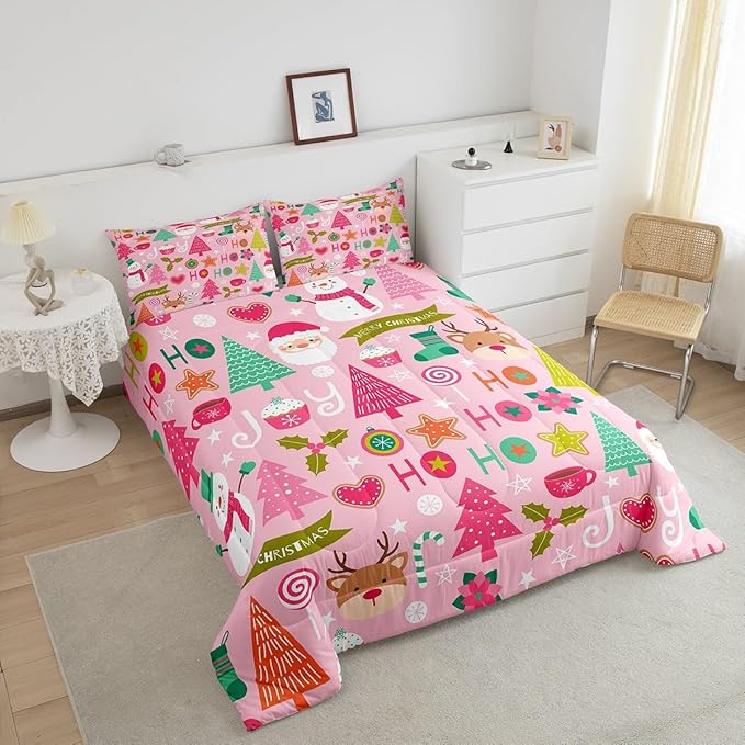 Merry Christmas Kids Comforter Set Twin Size,Cartoon Santa Claus Snowman Bedding Set,Boys Girls Adults Room Decor,Christmas Trees Deer Cute Down Comforter,Pink Romantic Duvet Insert,1 Pillowcase