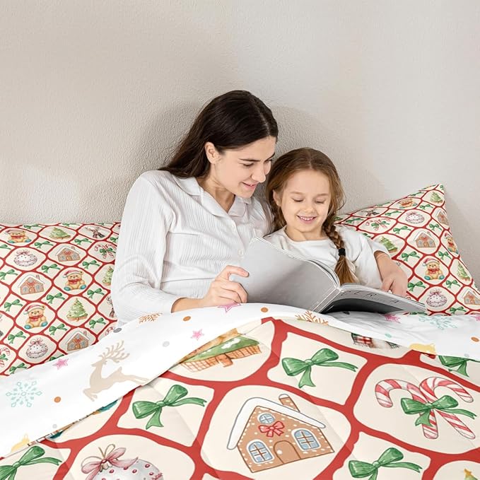 Merry Christmas Kids Bedding Set King Size,Kawaii Bowknot Cartoon Xmas Bear Comforter Set,Pine Tree Geometric Lattice Quilt Comforter,Beige Red Green Bedroom Duvet Insert,2 Pillowcases