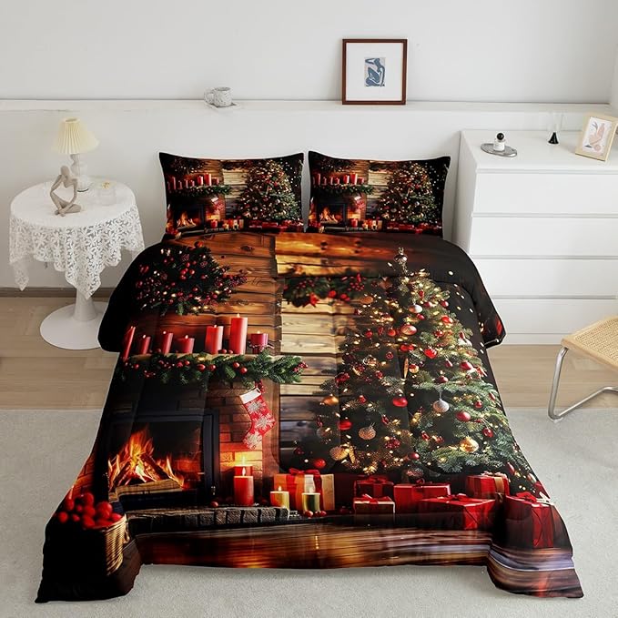 Merry Christmas Bedding Set Full Size,3D Christmas Fireplace Christmas Tree Comforter Set for Kids Boys Girls Room Decor,Xmas Theme Duvet Insert 3Pcs,Retro Wooden Stripes Quilt Set,2 Pillowcases