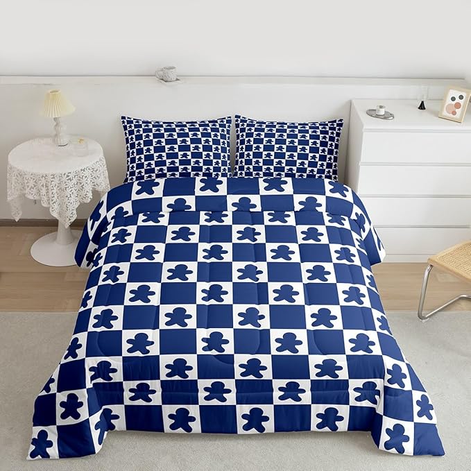 Feelyou Christmas Kids Comforter Set King Size Checkered Bedding Set Gingerbread Man Duvet Quilt for Kids Boys Girls Bedroom Xmas Decorations Decor Blue Microfiber Ultra Soft Breathable