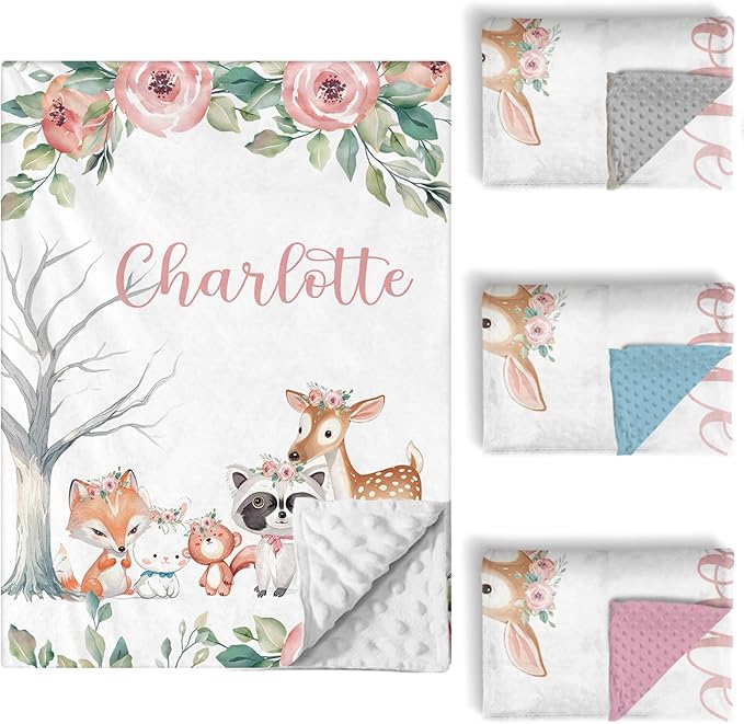 Personalized Baby Crib Bedding Set, 5 Pcs Custom Name Nursery Bedding Set for Girls Boys, Pink Forest Animals Baby Crib Set for Toddlers Infants, Double Layer Bedding Crib Sets Customized Gifts