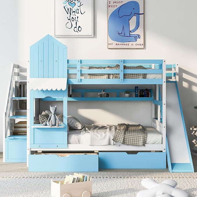 MERITLINE Full Over Full Castle Bunk Bed with Slide,Stairs and Drawers,Solid Wood Floor House Princess Bunk Bed with Storage Shelves (Blue,Full Over Full)