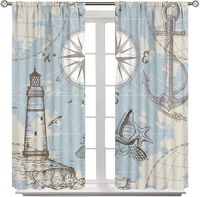 Nautical Theme Window Curtains,Pirate Sailboat Curtains for Bedroom,Conch Starfish Print Draperies for Living Room,Ocean Window Treatment Curtains Set 2 Panels,52x84 Inches