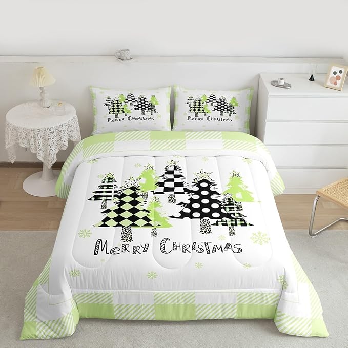 Manfei Xmas Trees Comforter Set King Size, Green Plaid Grid Snowflake Bedding Set 3pcs for Kids Girls Adults Bedroom Decor, Christmas Theme Down Comforter New Year Quilt Set with 2 Pillowcases