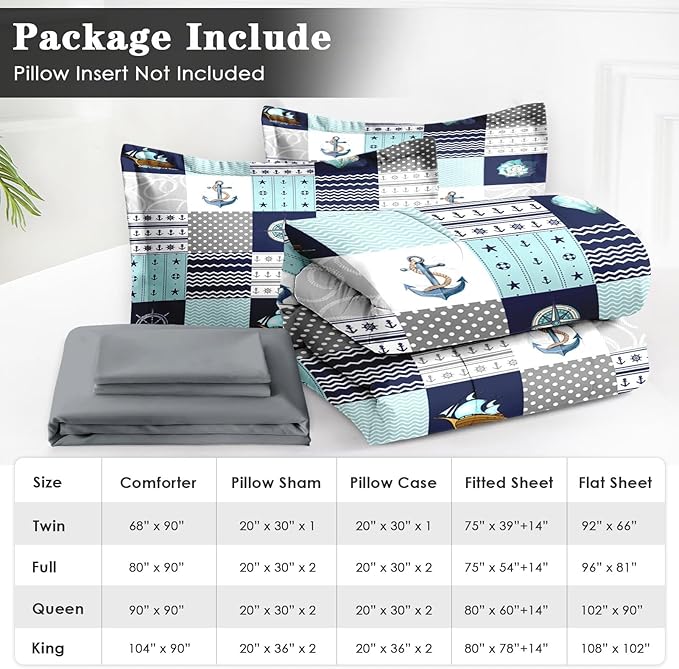7 Pcs King Size Comforter Set with 2 Pillowcases & 2 Shams, Nautical Blue Marine Summer Bedding for Kids and Adults, Sea Ocean Boat Plaid Bed in a Bag with Flat Fitted Sheet