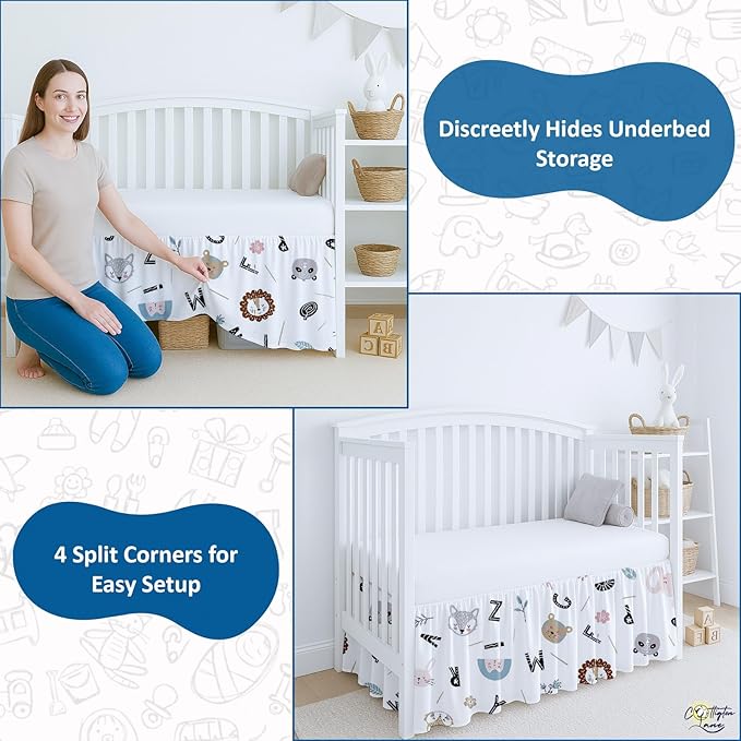 Cottington Lane Crib Skirt Dust Ruffle, 100% Natural Cotton, Soft, Durable Nursery Crib Toddler Bedding Skirt for Baby Girls or Boys, Fits Standard Cribs 28" x 52" with 14" Drop, Alphabet Adventure
