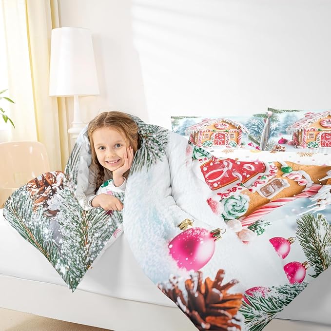 Feelyou Christmas Snowscape House Landscape Bedding Set Soft for Boys Girls,Gingerbread House Comforter Set King Size Candy Canes Duvet Quilt Pine Branches Bedroom Decor 3 Pcs with 2 Pillow Cases