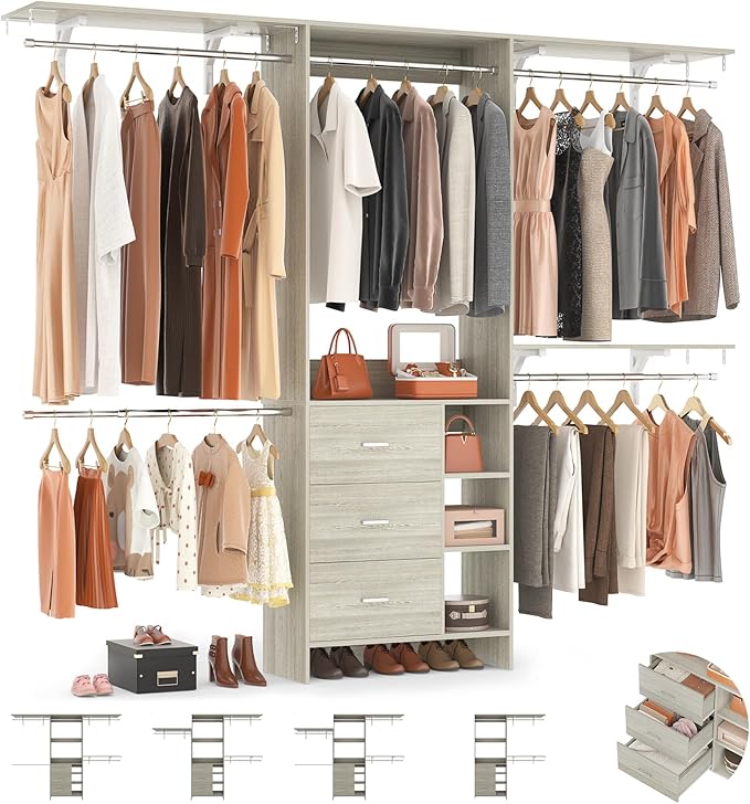 Aheaplus Closet System - 8FT Organizer with 3 Wooden Drawers, Fits 5.3-9 ft Walk-in Closet, White Oak