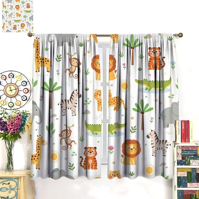 Cartoon Animal Curtains, Safari Woodland Jungle Forest Wildlife Blackout Window Treatments, Rod Pocket Thermal Insulated Drapes 2 Panel Sets for Kids Bedroom Nursery Classroom, 42" W X 54" L
