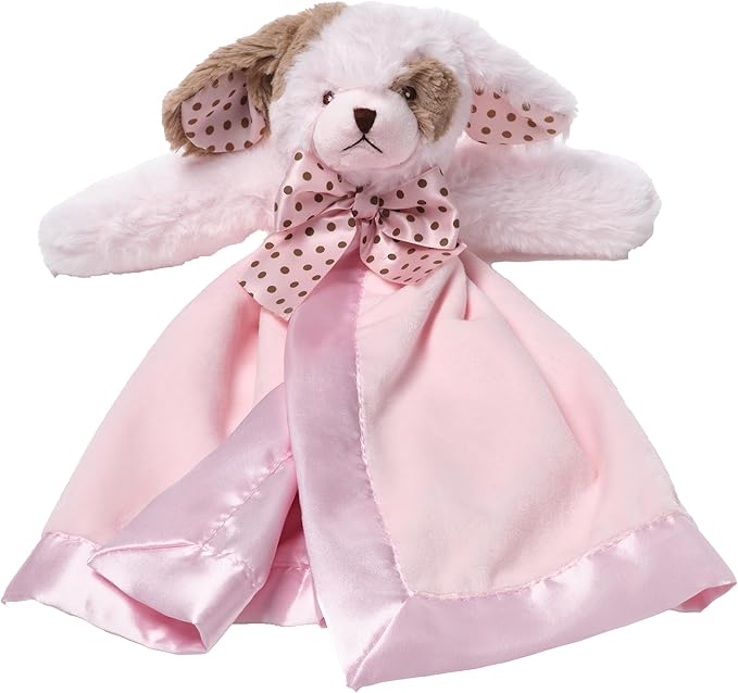 Bearington Baby Wiggles Snuggler - 15" Pink Puppy Lovey Security Blanket with Satin Trim and Plush Dog Design - Soft Lovie for Babies and Baby Security Blankets Gift for Girls and Newborns