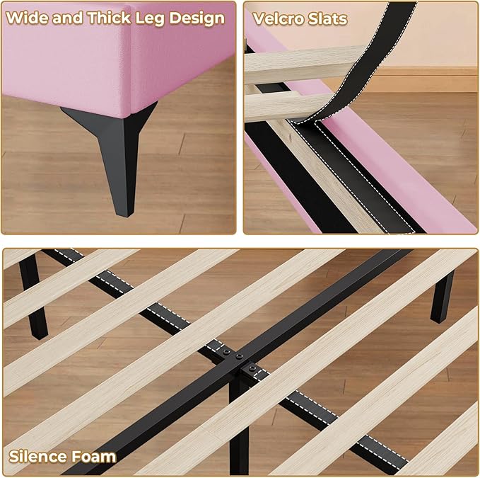 ADORNEVE Twin Size Upholstered LED Bed Frame, Girls Bed with Adjustable Crystal Button Headboard, Velvet Princess Platform Bed for Girls, Solid Wooden Slats, Easy Assembly, Pink