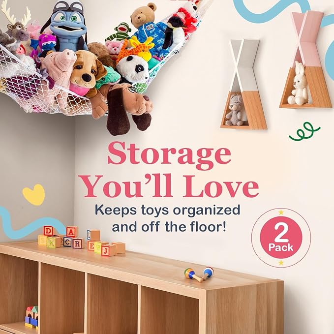 Lilly's Love Stuffed Animal Hammock | Corner Hanging Organizer, Toy Storage, Stuffed Animal Storage Net | Made from Quality Fishing Net, Holds 12lbs | 67"x47"x47" (Gray, 2 Pack)