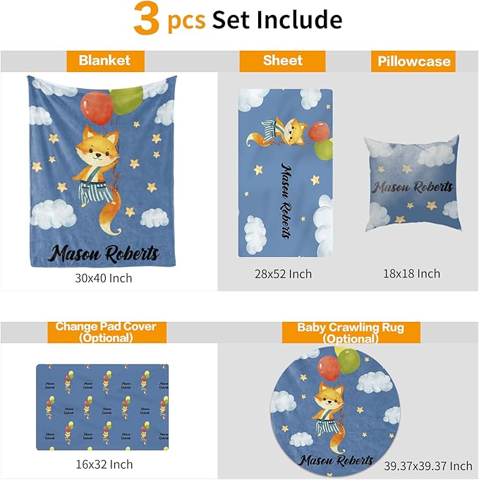 Custom Crib Bedding Set - Fox Design Personalized Name Baby Nursery Bedding 3 Pcs Set - Chic Soft Blanket, Sheet, Pillowcase for Newborns Boys Girls Gifts Color07