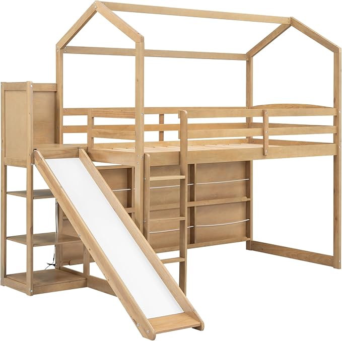 Playful Twin Size Wood House Loft Bed with Slide and Climbing Ramp, Multiple-Function Low Loft Bed Frame with Storage Shelves and Light for Kids Teens Boys Girls Bedroom (Wood-C)