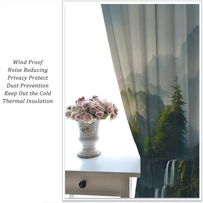 Landscape Theme Waterfall Blackout Curtains, Waterfall Mountains Jungle Printed Natural Scenery Window Drapes, for Bedroom Living Room 72" W X 63" L