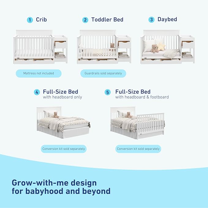 Graco Shiloh 5-in-1 Convertible Crib & Changer with Drawer (White) – GREENGUARD Gold Certified Baby Crib Crafted from Wood, Converts to Toddler Bed, Daybed, and Full-Size Bed