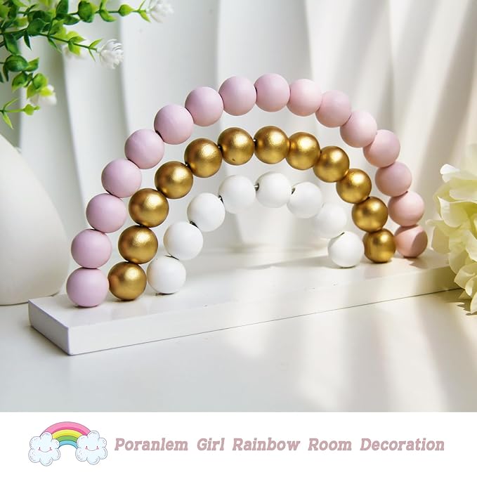 Girl Nursery Decor Rainbow Room Decoration Wooden Pink Bead Baby Gift Cute Wall Shelf Ornament Kids Playroom Boho Decorative 8.66 X 4.5 Inch Table Decor