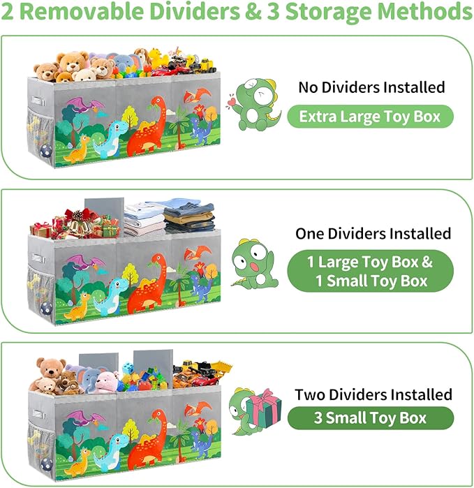 Extra Large Toy Box Chest with Lids, Collapsible Toy Storage Organizer for Kids, Dinosaur Toy Bin Box for Toddlers Boys Girls, Toy Organizer for Living Room Nursery Playroom Bedroom Home Gray