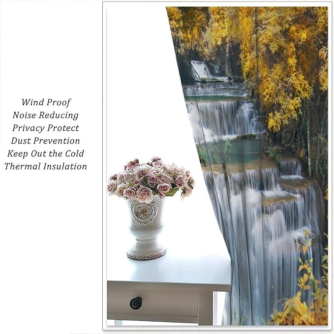 Waterfall Blackout Curtain, Autumn Season Trees Leaves Natural Landscape Window Drapes, for Bedroom Living Room 55" W X 63" L