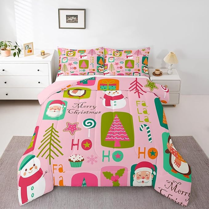 Erosebridal Christmas Kids Comforter Set Full Size Cartoon Santa Claus Quilts Boys Girls Room Decor Merry Xmas Penguin Bedding Set Christmas Tree Snowman Down Comforter,Pink