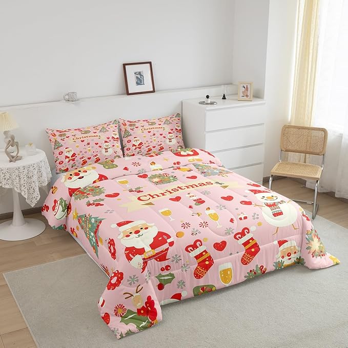 Feelyou Christmas Bedding Set for Kids Boys Girls King Size Cute Santa Claus Comforter Set Ultra Soft Comforter Xmas Tree Duvet Quilt Bedroom Decor Christmas Decor Quilt