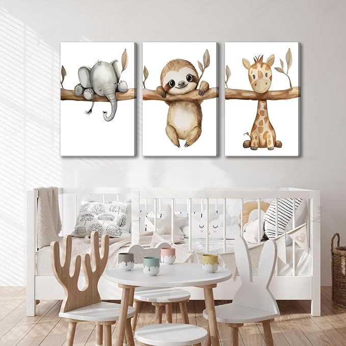 3Pcs Nursery Animal Canvas Wall Art Safari Nursery Poster Prints Jungle Kids Painting Cute Animal Elephant Sloth Giraffe Artwork Picture Wall Decor for Boys Room Girls Room 12x16in Framed