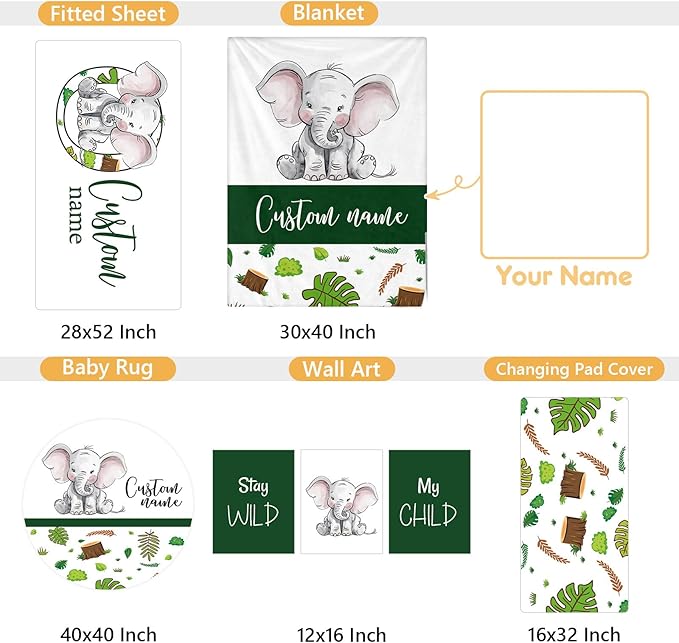 Personalized Baby Crib Set, 5 Pcs Baby Boy Crib Bedding Set, Custom Name Green Elephant Baby Crib Bedding Set Neutral, Double Layer Flannel Nursery Bedding Set, Infant Toddler Customized Gift