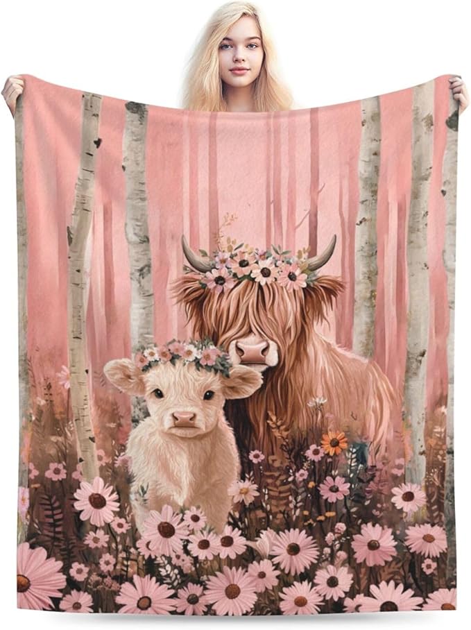 Highland Cow Blanket Pink Forest Cattle Daisy Decor Throw Blanket Super Soft Flannel Lightweight Fluffy Plush Fuzzy Fleece Blanket Gifts for Girl Woman Boys Kids Adults Man for Bed Sofa 50"X60"
