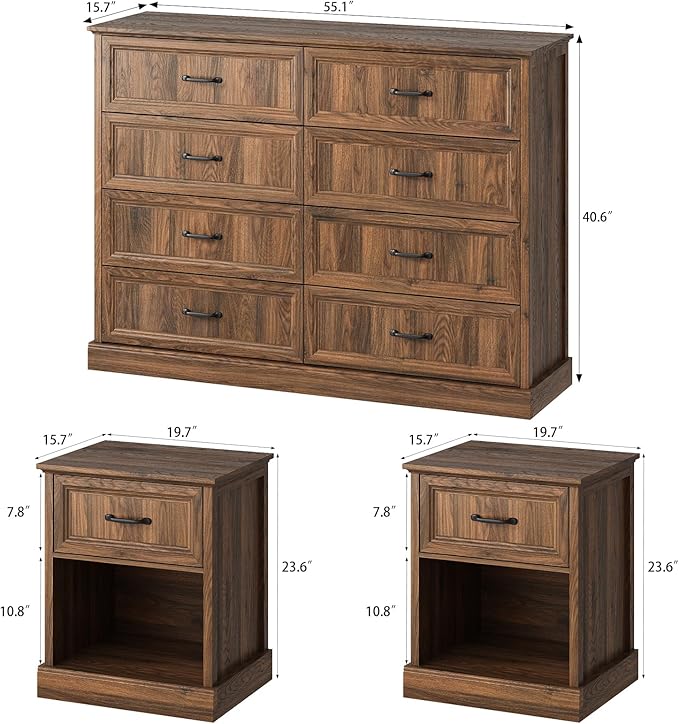 CARPETNAL Farmhouse Dresser and Nightstand Sets for Bedroom, 3 Pcs Bedroom Set, 8 Drawer Dresser & Nightstand Set of 2, Modern Wood Chest of Drawers for Bedroom, Living Room, Entryway, Brown