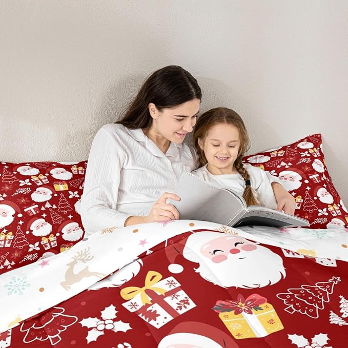 jejeloiu Santa Claus Comforter Set King Size Merry Christmas Bedding Set for Kids Boys Girls Xmas Themed Duvet Quilt Red Bedroom Decor