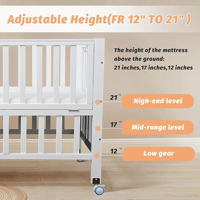 Folding Wood Bedside Bassinet - Portable 4-in-1 Baby Bassinet with Breathable Mattress,3 Heights Baby Crib with Wheels,Mini Crib for Infant Newborn and Small Space,White