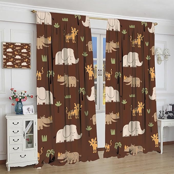 Jungle Safari Animals Blackout Curtains Cartoon Tropical Forest Animals Elephant Tiger Brown Art Print for Kids Boys Bedroom Nursery Rod Pocket Decoration Window Drapes 2 Panels W36xL63in