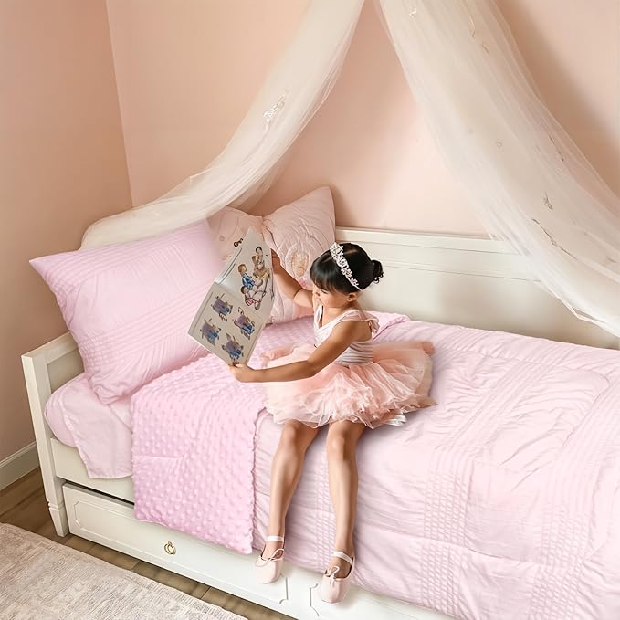 Toddler Bedding Set, Plush Minky Fabric Crib Bedding Set for Girls, Breathable and Soft Baby Crib Bedding Set, Includes Toddler Comforter, Flat Sheet, Fitted Sheet and Pillowcase (Pink)