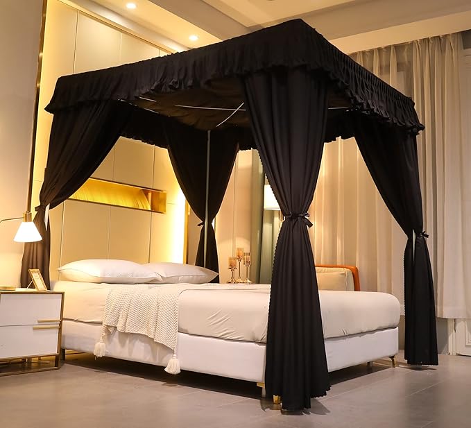 VETHIN Elastic Roof Style Four Corner Post Princess Bed Canopy Curtains Cozy Breathable Tent Canopy Mosquito Net for Girls & Adults Bedroom Decoration (Black, 70-78" W*86" L*82"*H/(King))