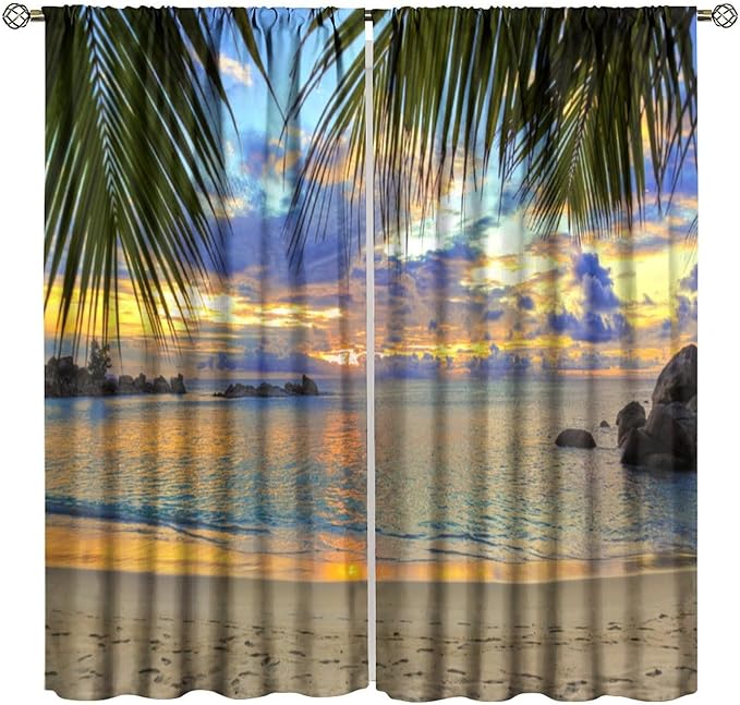 Ocean Beach Curtains,Sunset on Beach in The Evening Hawaiian Seaside Scene Pattern Print Decor Home Bedroom Living Room Window Treatments 2 Panel Set 42x45 Inch