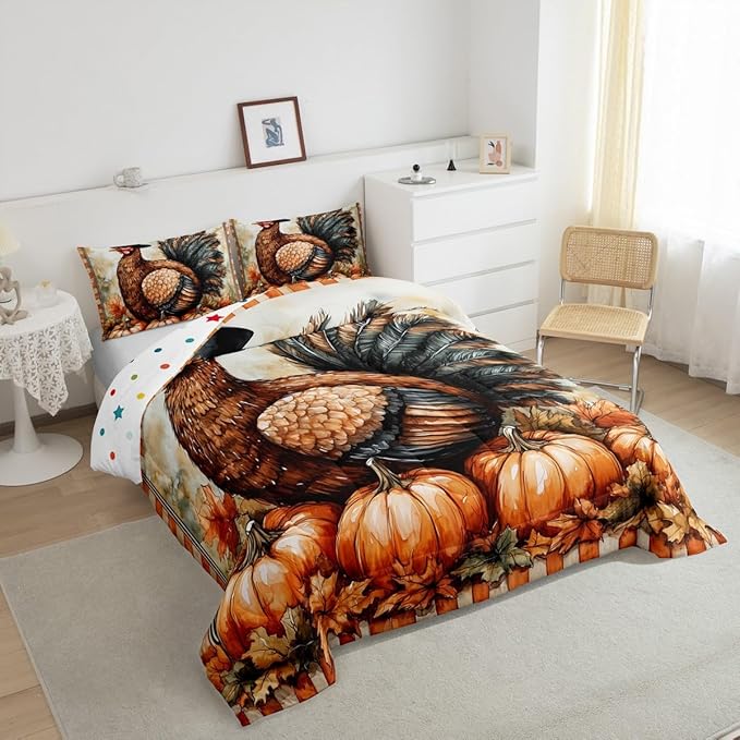 Feelyou Boys Girls Thanksgiving Comforter Cover Full Size, Fall Autumn Comforter Set for Turkey Duvet Cover Kids Pumpkin Teens Bedspread Cover Bedroom Decor Bed Set 3Pcs