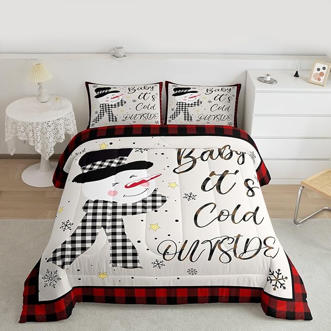 Kids Christmas Snowman Comforter Set Queen Size,Snowflake Winter Bedding Set,Girls Boys Adults Xmas Decor,Geometric Grids Lattices Patch Down Comforter,Red Rustic Vintage Duvet Insert,2 Pillowcases